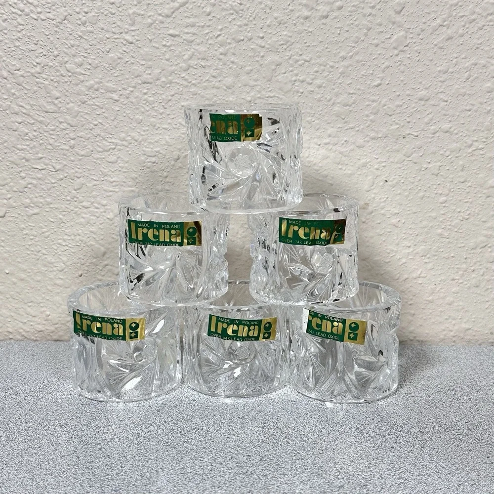 Set Of 6 Irena Crystal Napkin Holder Ring Pinwheel Starburst Poland Tablescape